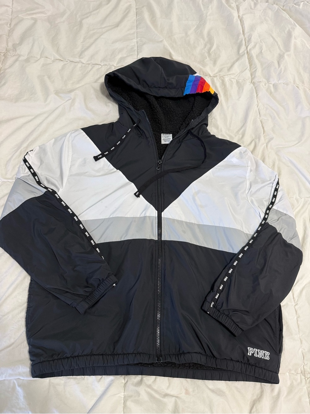 PINK Victoria's Secret women’s Black & White Hooded Windbreaker Jacket